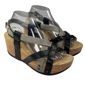 Bussola Formentera Cross Strap Sandal 39/8-8.5 Gray Black Leather Platform Wedge